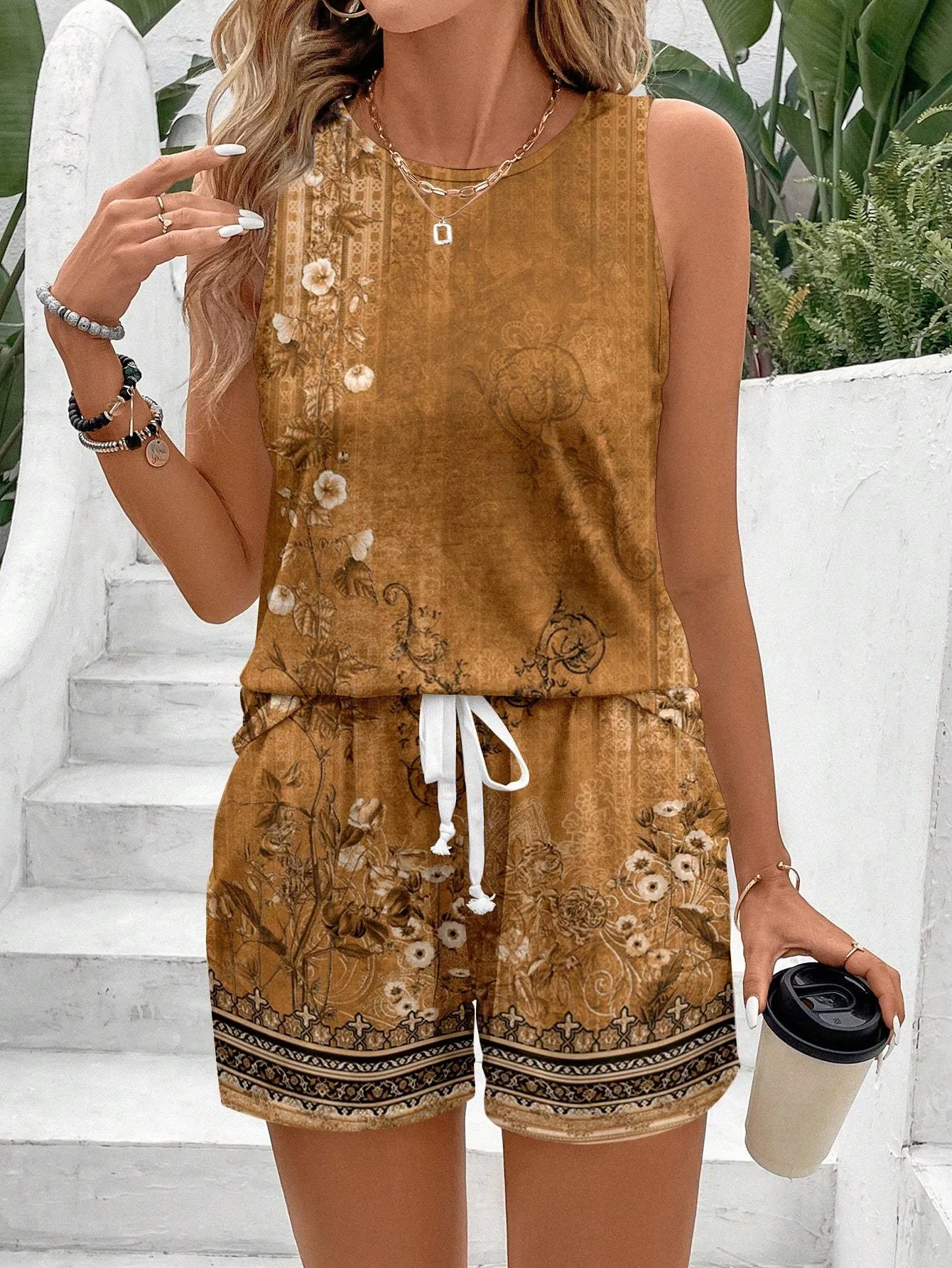 Neck Sleeveless Top With All-Over Print Drawstring Waist And Pocket