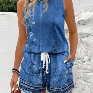 Neck Sleeveless Top With All-Over Print Drawstring Waist And Pocket