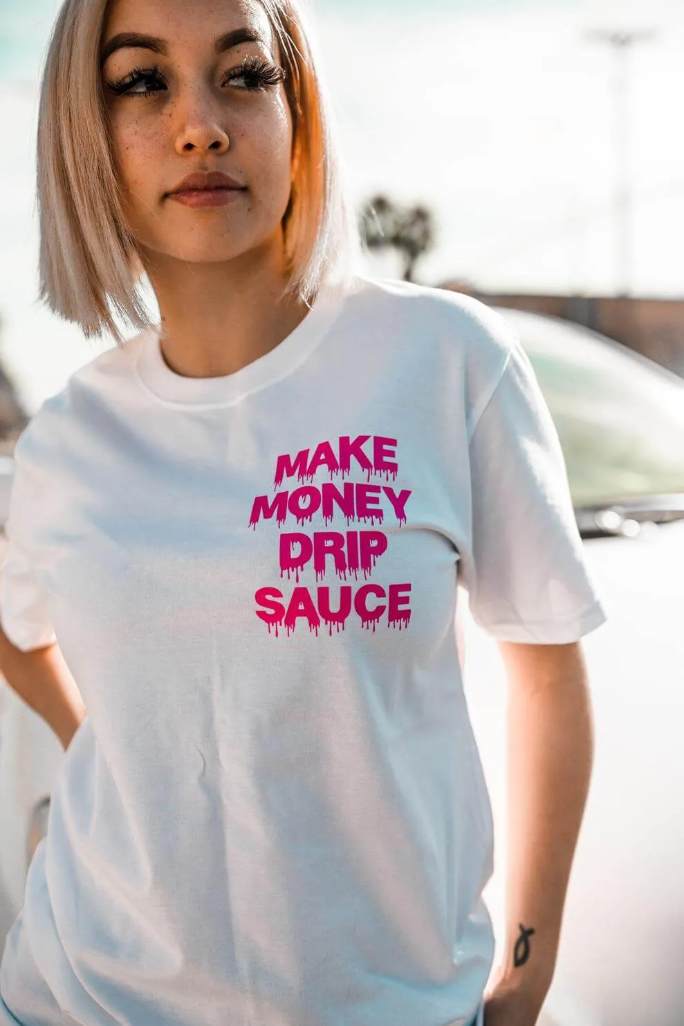 Neon V2 Pink Make Money Drip Sauce | White Tee