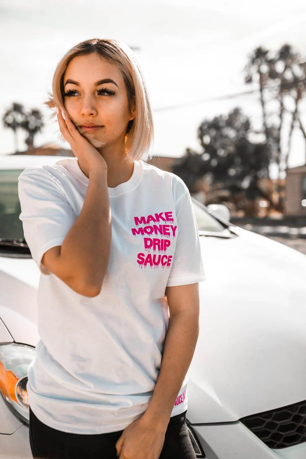 Neon V2 Pink Make Money Drip Sauce | White Tee