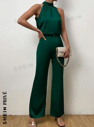 NEW SHEIN Privé Solid Halter Top & Wide Leg Pants, Dark Green, Sz M! Stunning silk like fabric in a trending colour!