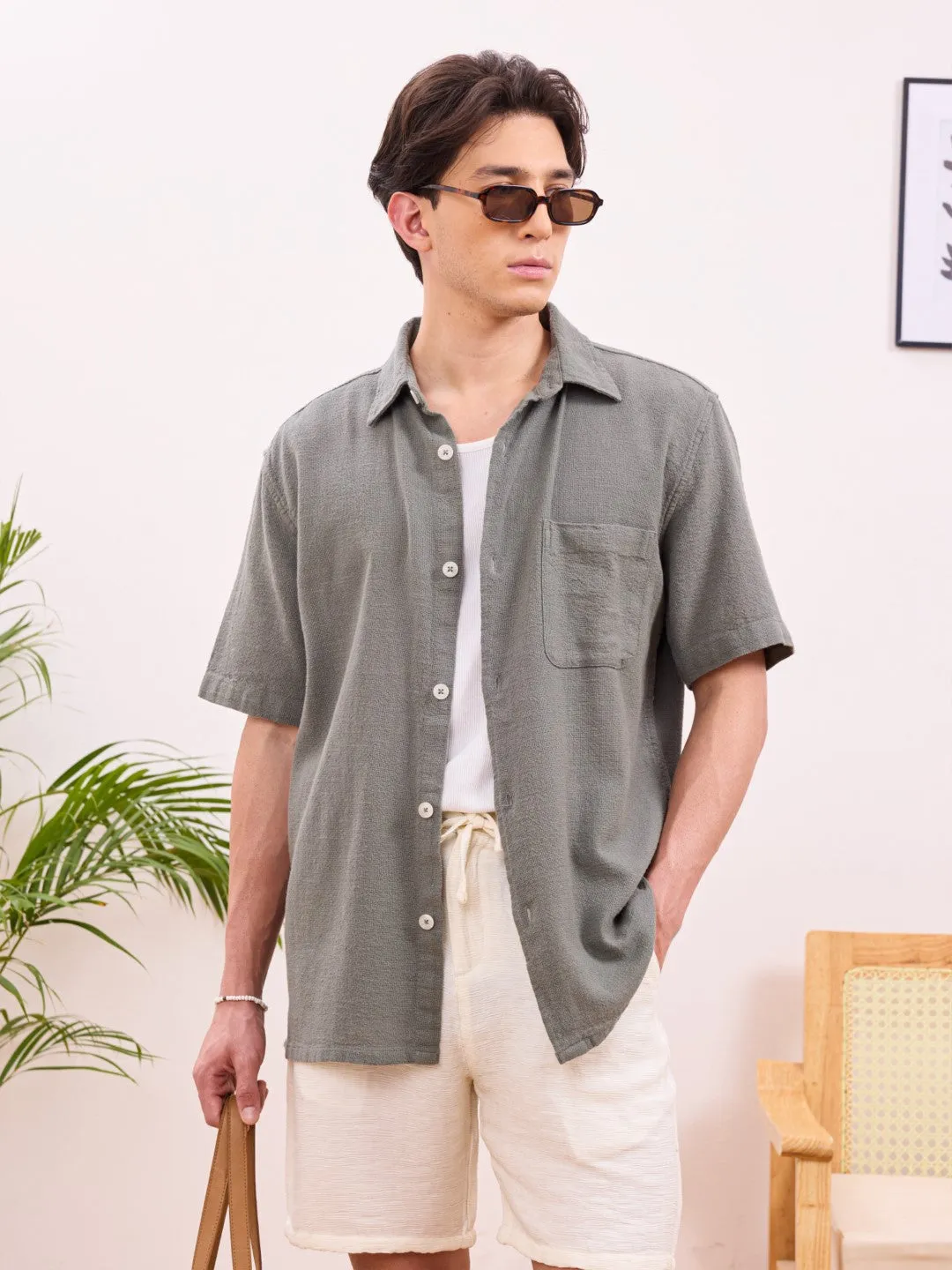 Olive Plain Cotton Shirt