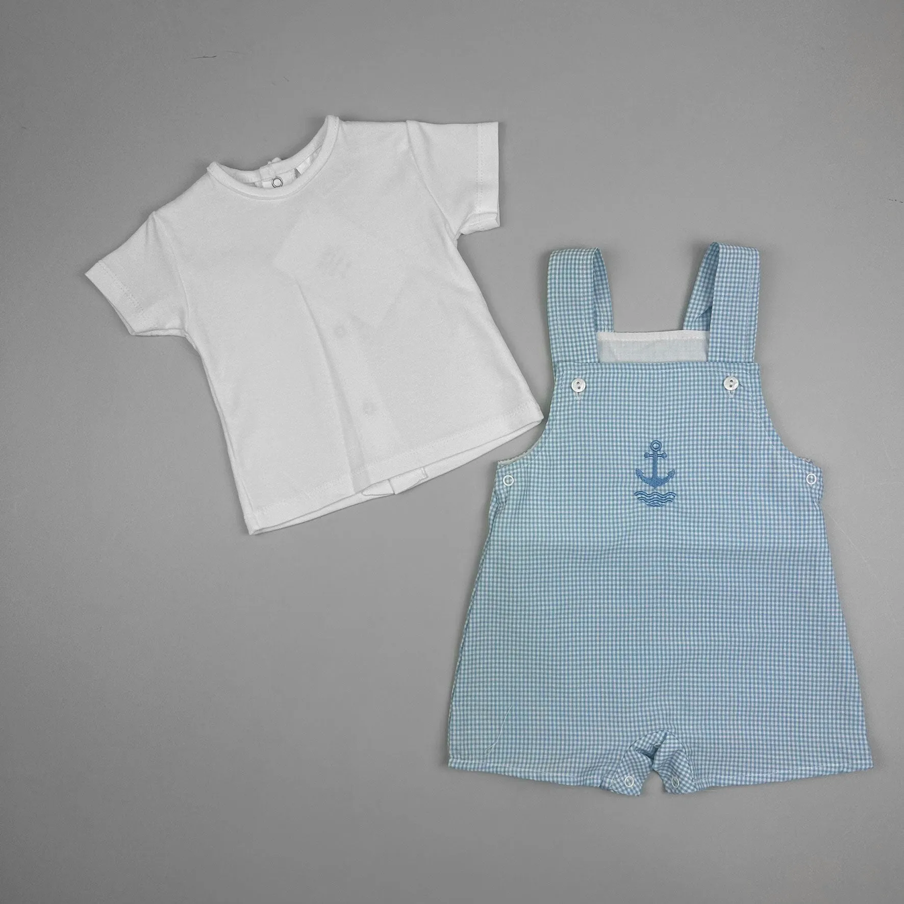 Pex Baby Boy’s Summer Outfit – White T-Shirt & Blue Check Dungarees