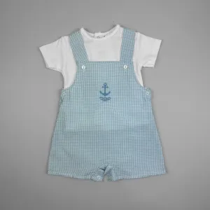 Pex Baby Boy’s Summer Outfit – White T-Shirt & Blue Check Dungarees