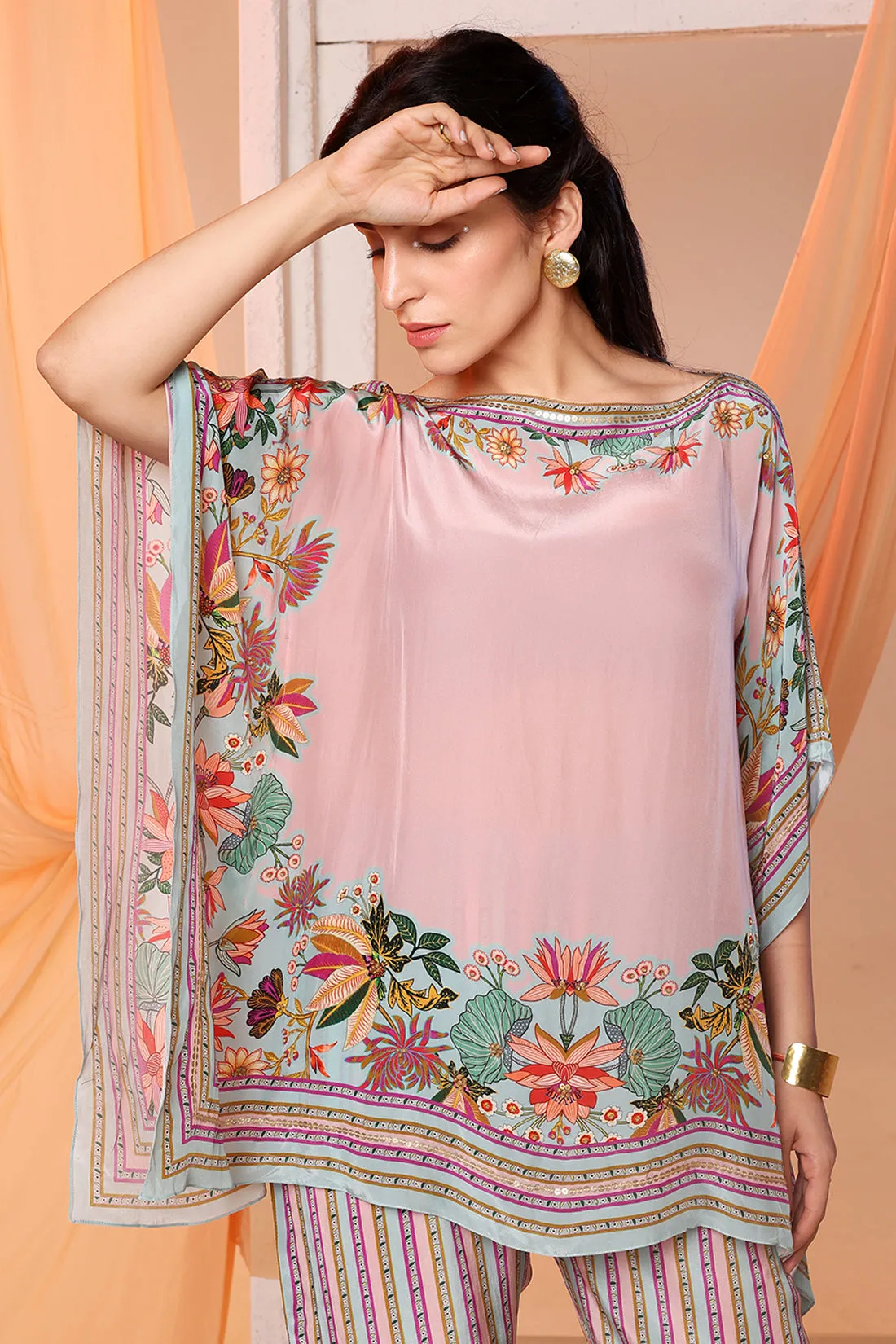 Pink arani embellished kaftan and pants