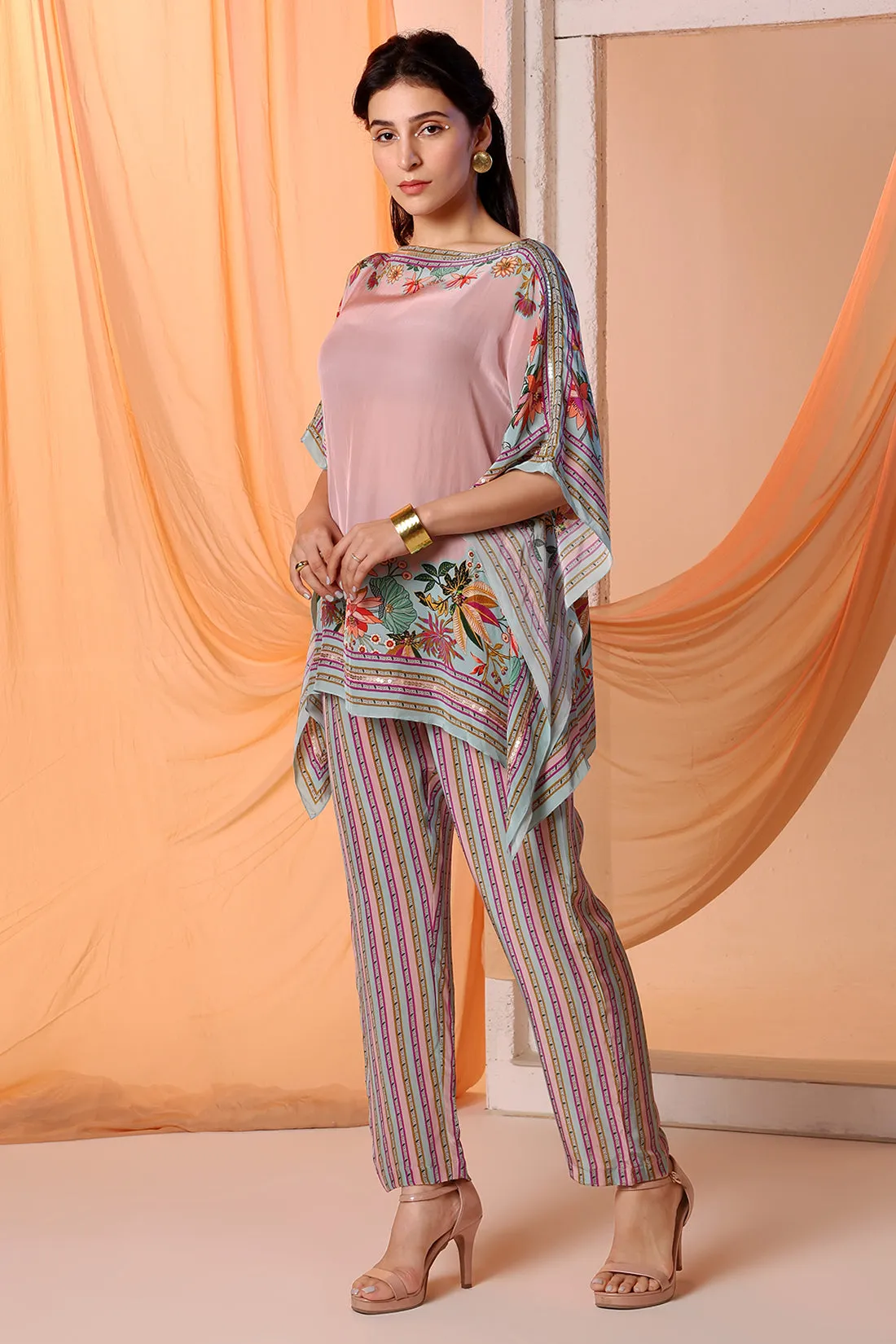 Pink arani embellished kaftan and pants