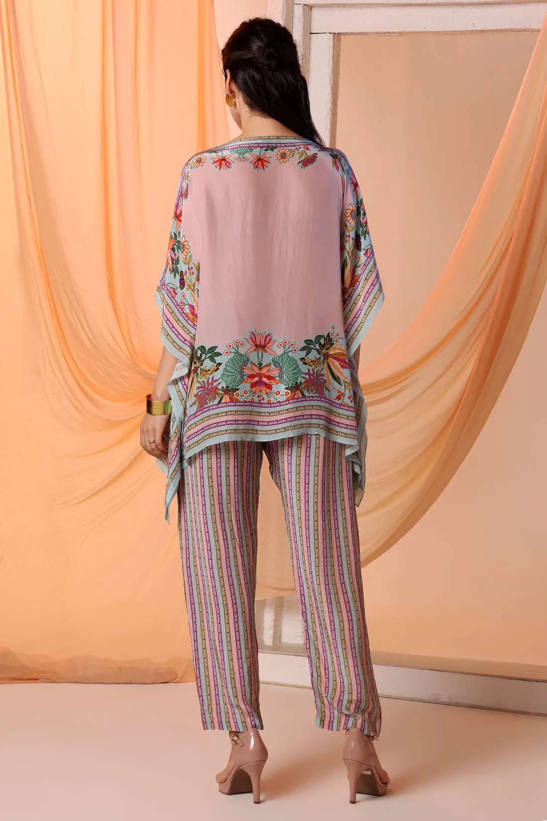 Pink arani embellished kaftan and pants