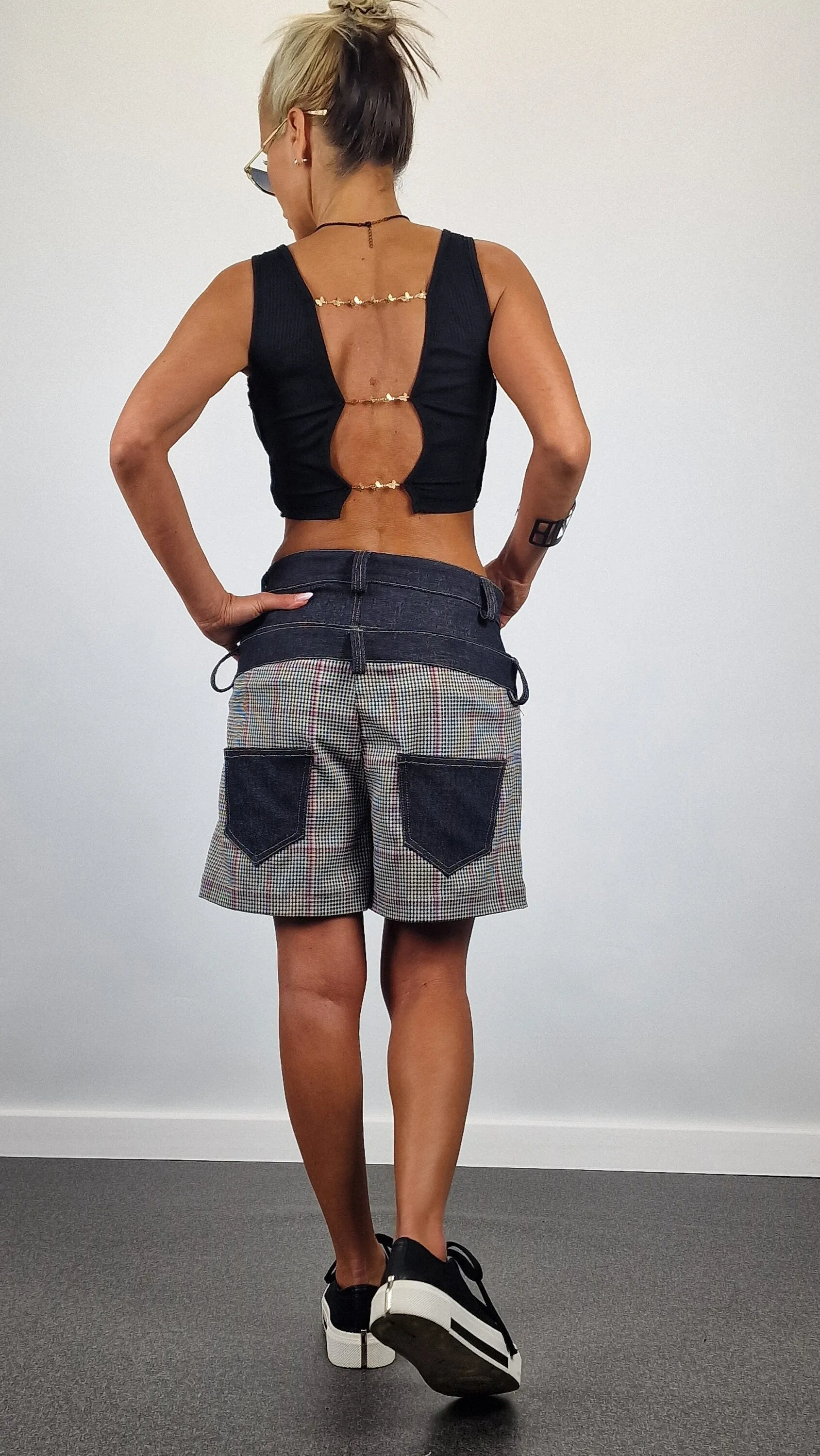 Plaid Shorts, Double Belt Shorts, Short Pants with Denim Details , Avant-garde Pants, Extravagant Short Pants, Relaxed Pants, Loose Shorts