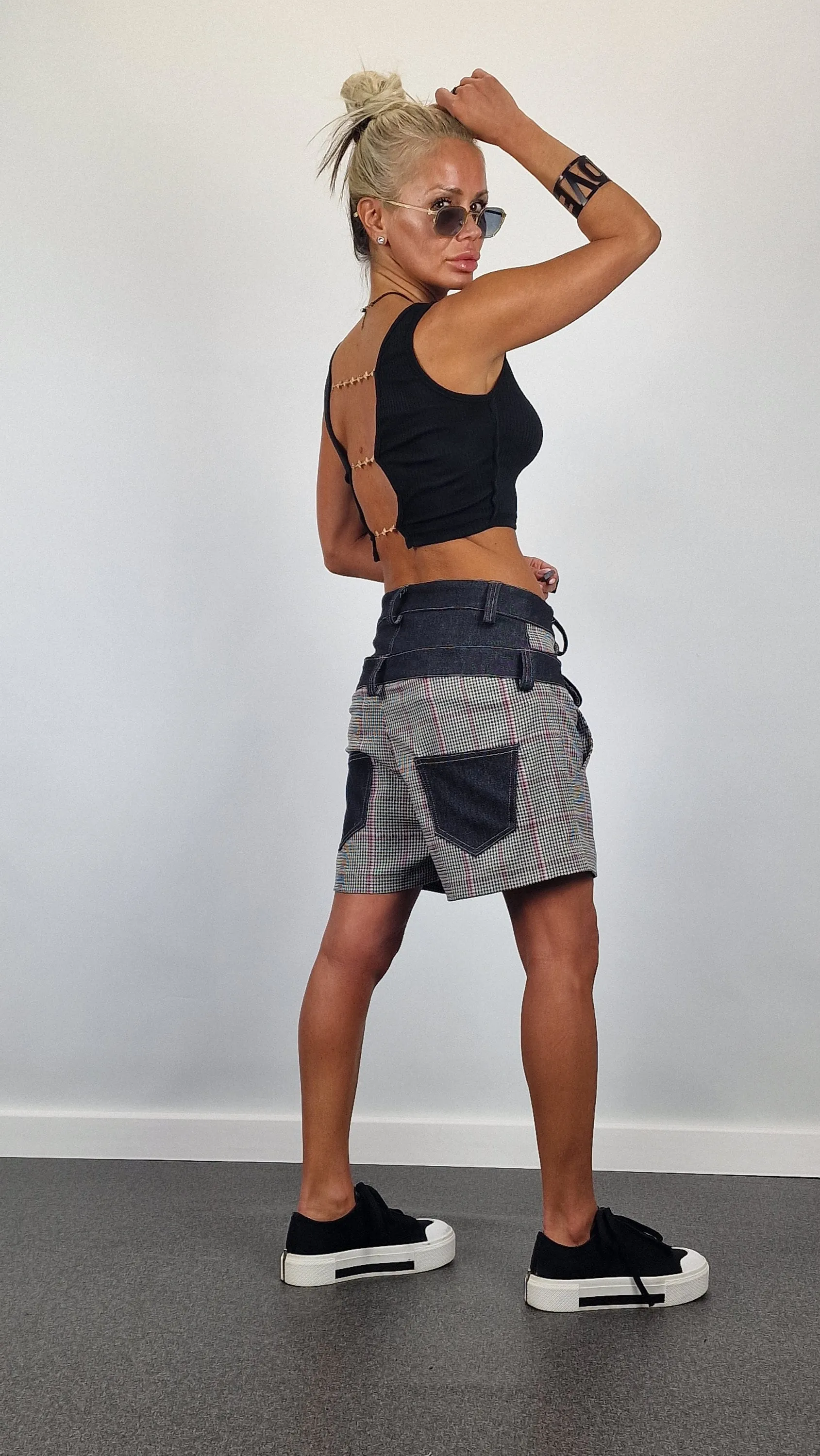 Plaid Shorts, Double Belt Shorts, Short Pants with Denim Details , Avant-garde Pants, Extravagant Short Pants, Relaxed Pants, Loose Shorts