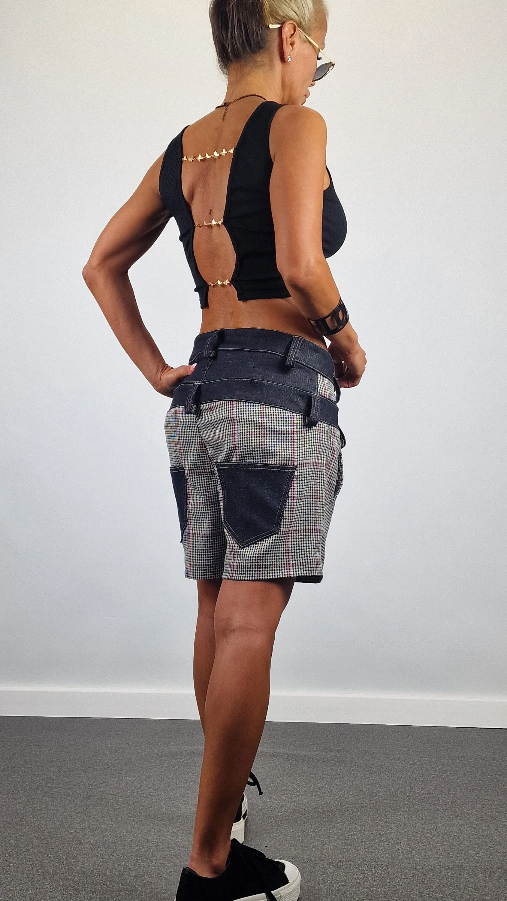 Plaid Shorts, Double Belt Shorts, Short Pants with Denim Details , Avant-garde Pants, Extravagant Short Pants, Relaxed Pants, Loose Shorts