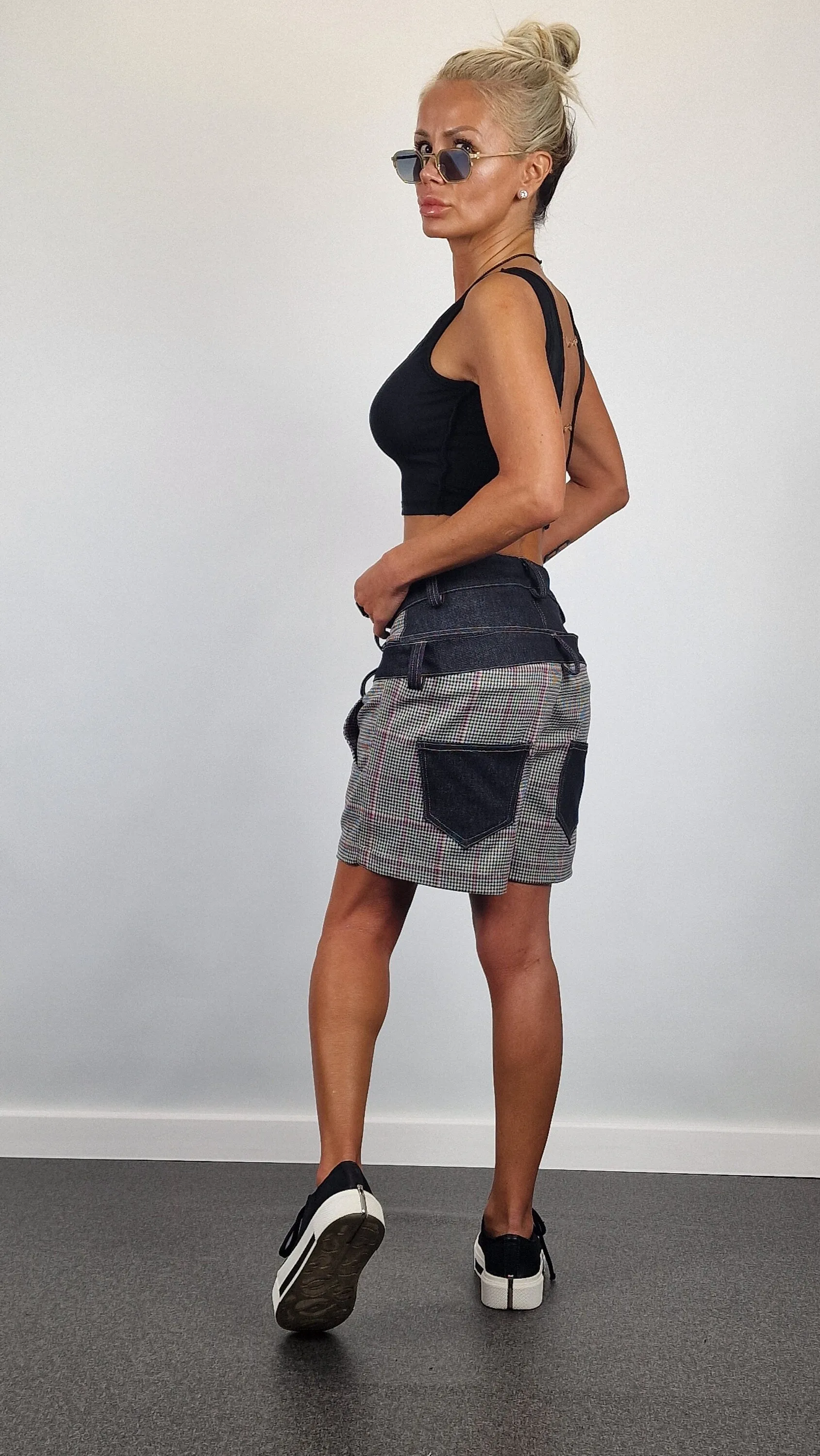 Plaid Shorts, Double Belt Shorts, Short Pants with Denim Details , Avant-garde Pants, Extravagant Short Pants, Relaxed Pants, Loose Shorts