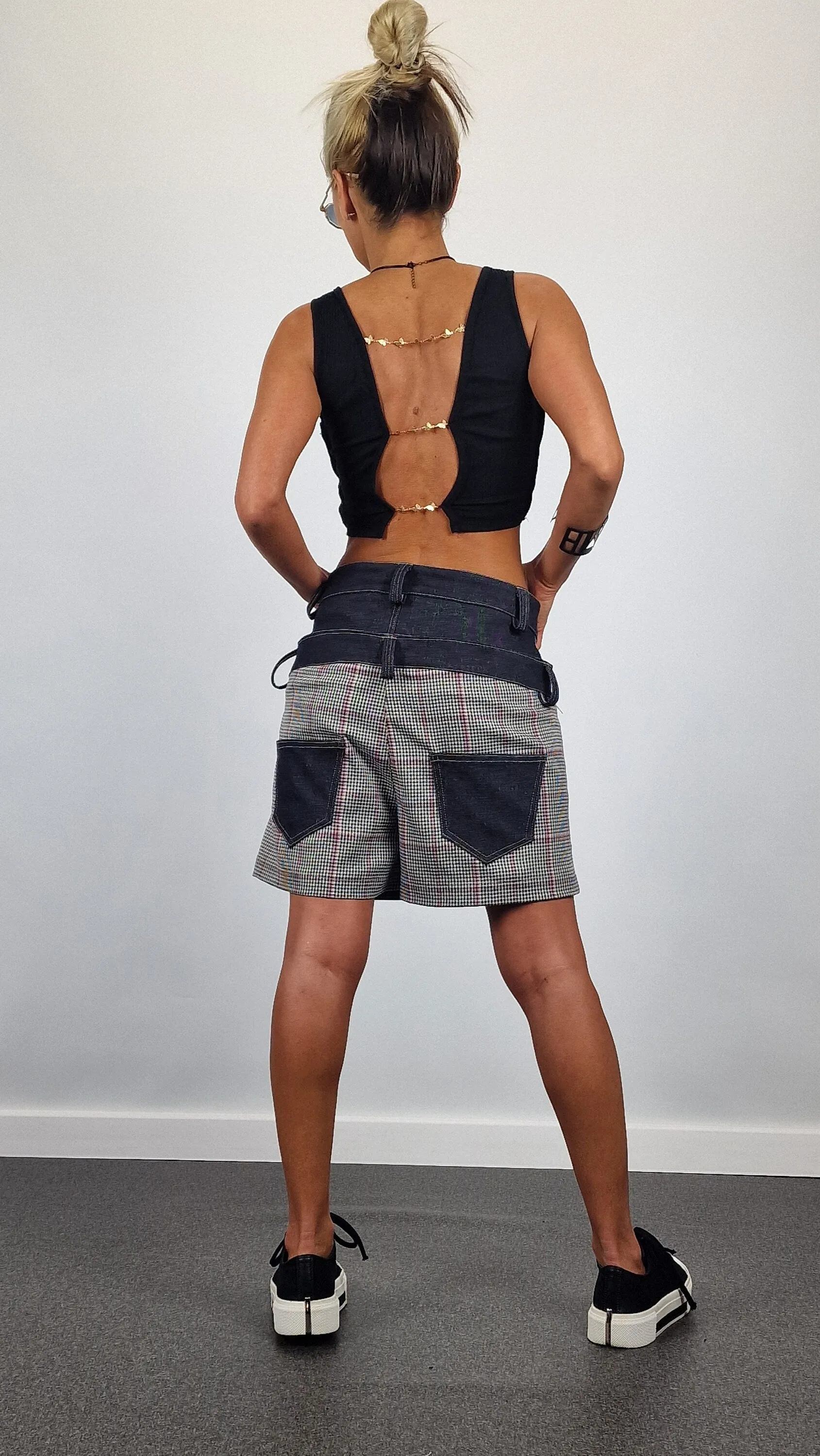 Plaid Shorts, Double Belt Shorts, Short Pants with Denim Details , Avant-garde Pants, Extravagant Short Pants, Relaxed Pants, Loose Shorts