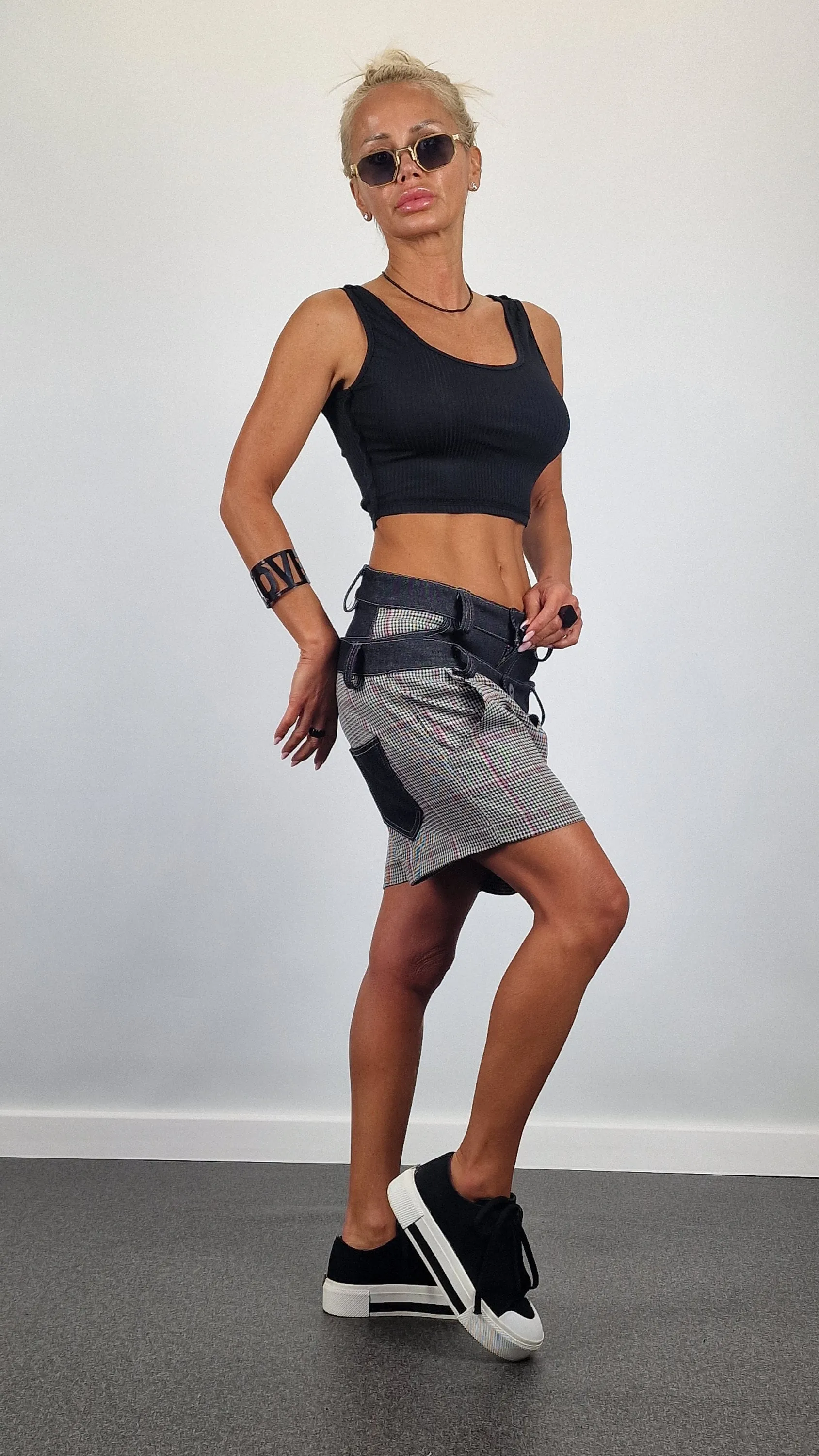 Plaid Shorts, Double Belt Shorts, Short Pants with Denim Details , Avant-garde Pants, Extravagant Short Pants, Relaxed Pants, Loose Shorts