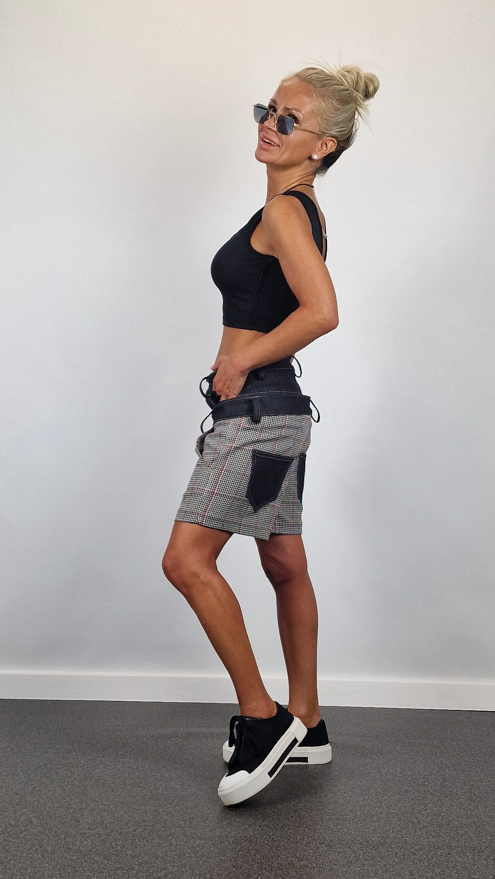 Plaid Shorts, Double Belt Shorts, Short Pants with Denim Details , Avant-garde Pants, Extravagant Short Pants, Relaxed Pants, Loose Shorts