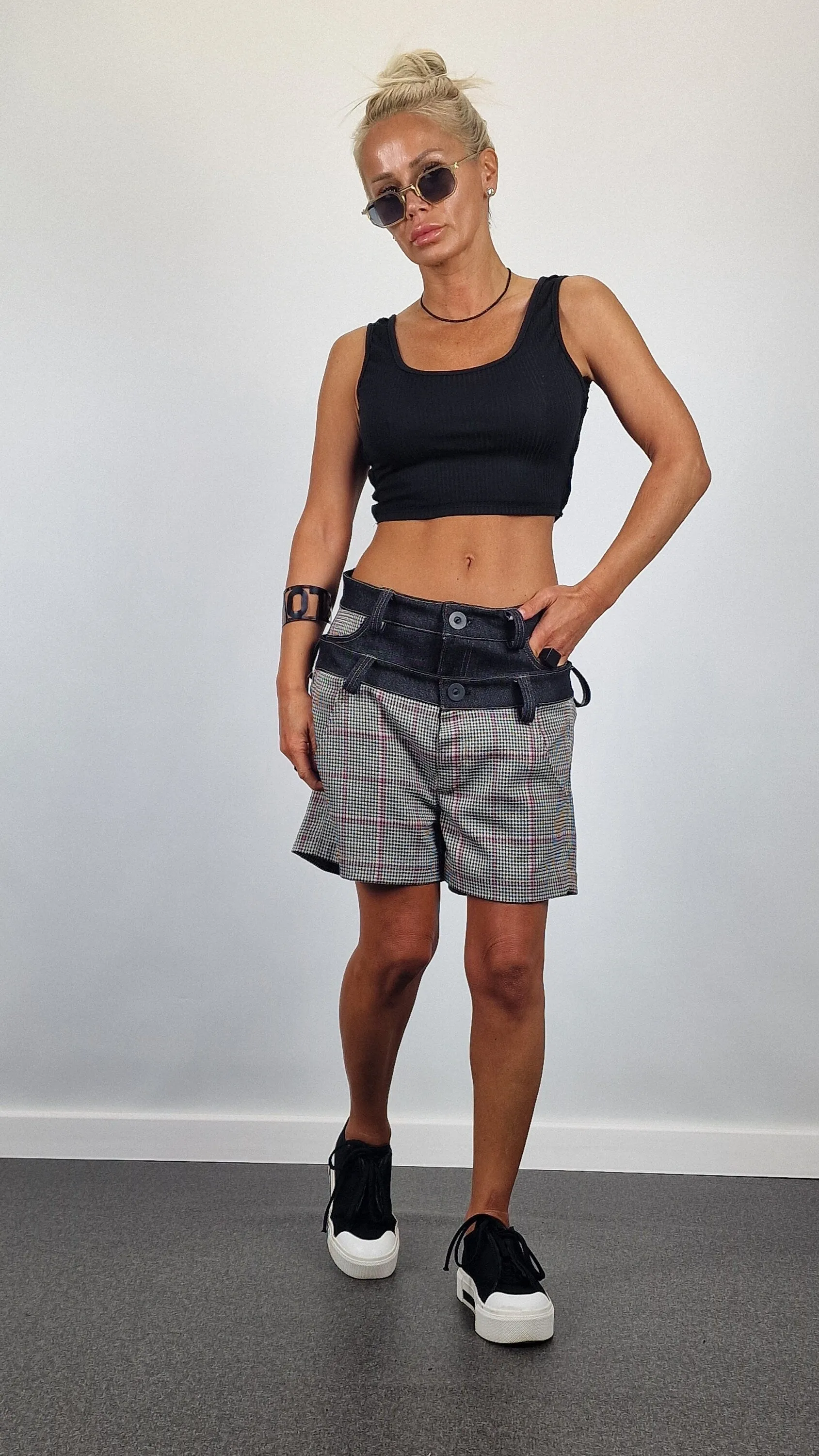 Plaid Shorts, Double Belt Shorts, Short Pants with Denim Details , Avant-garde Pants, Extravagant Short Pants, Relaxed Pants, Loose Shorts