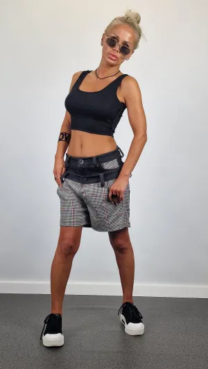 Plaid Shorts, Double Belt Shorts, Short Pants with Denim Details , Avant-garde Pants, Extravagant Short Pants, Relaxed Pants, Loose Shorts