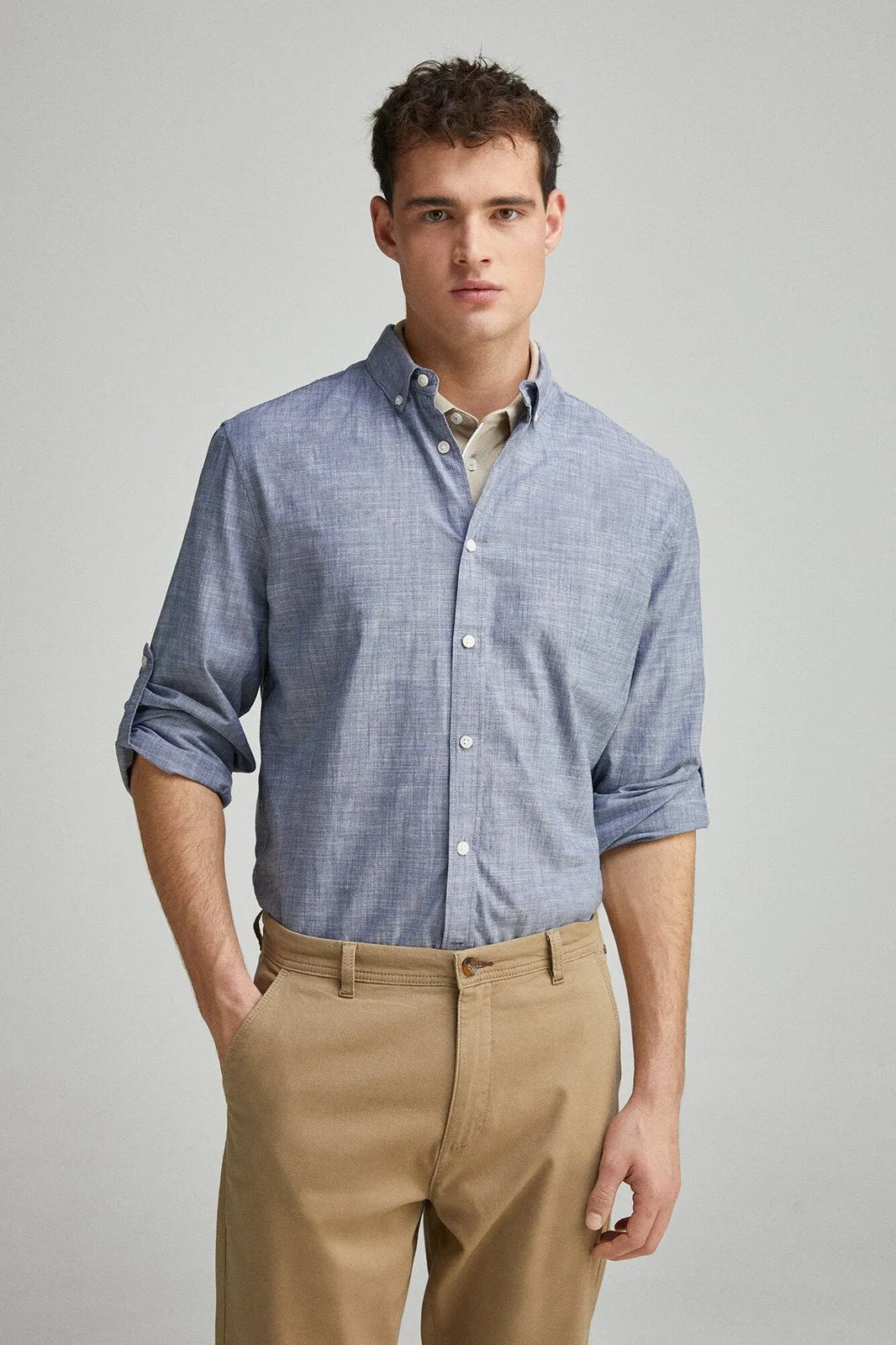 Plain slub cotton shirt - Blue
