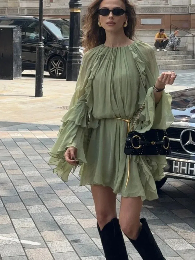 Pleated High Waisted Solid Color Casual Women's Dress
