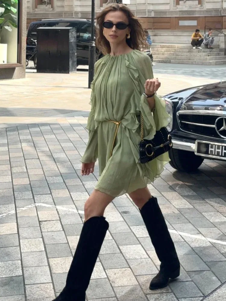 Pleated High Waisted Solid Color Casual Women's Dress