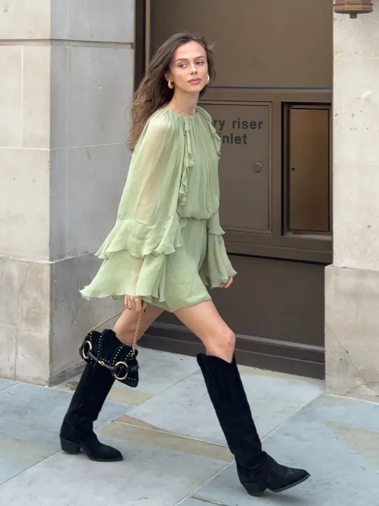 Pleated High Waisted Solid Color Casual Women's Dress