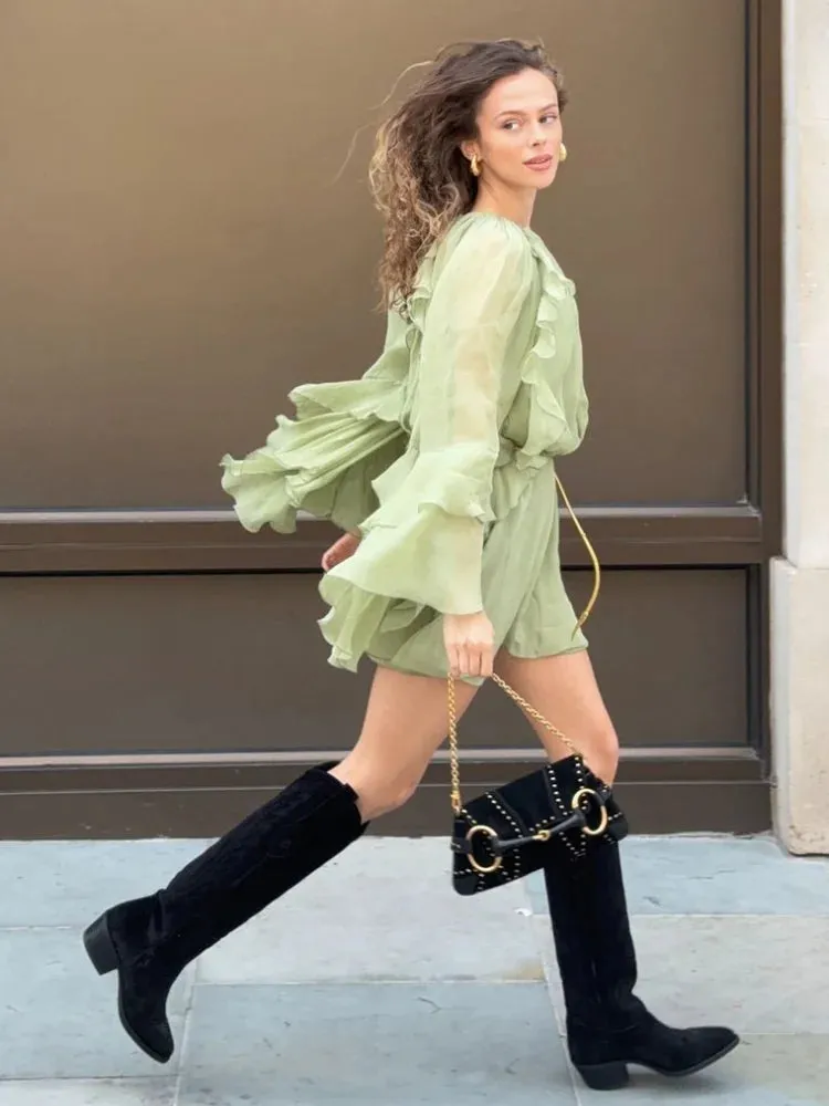 Pleated High Waisted Solid Color Casual Women's Dress