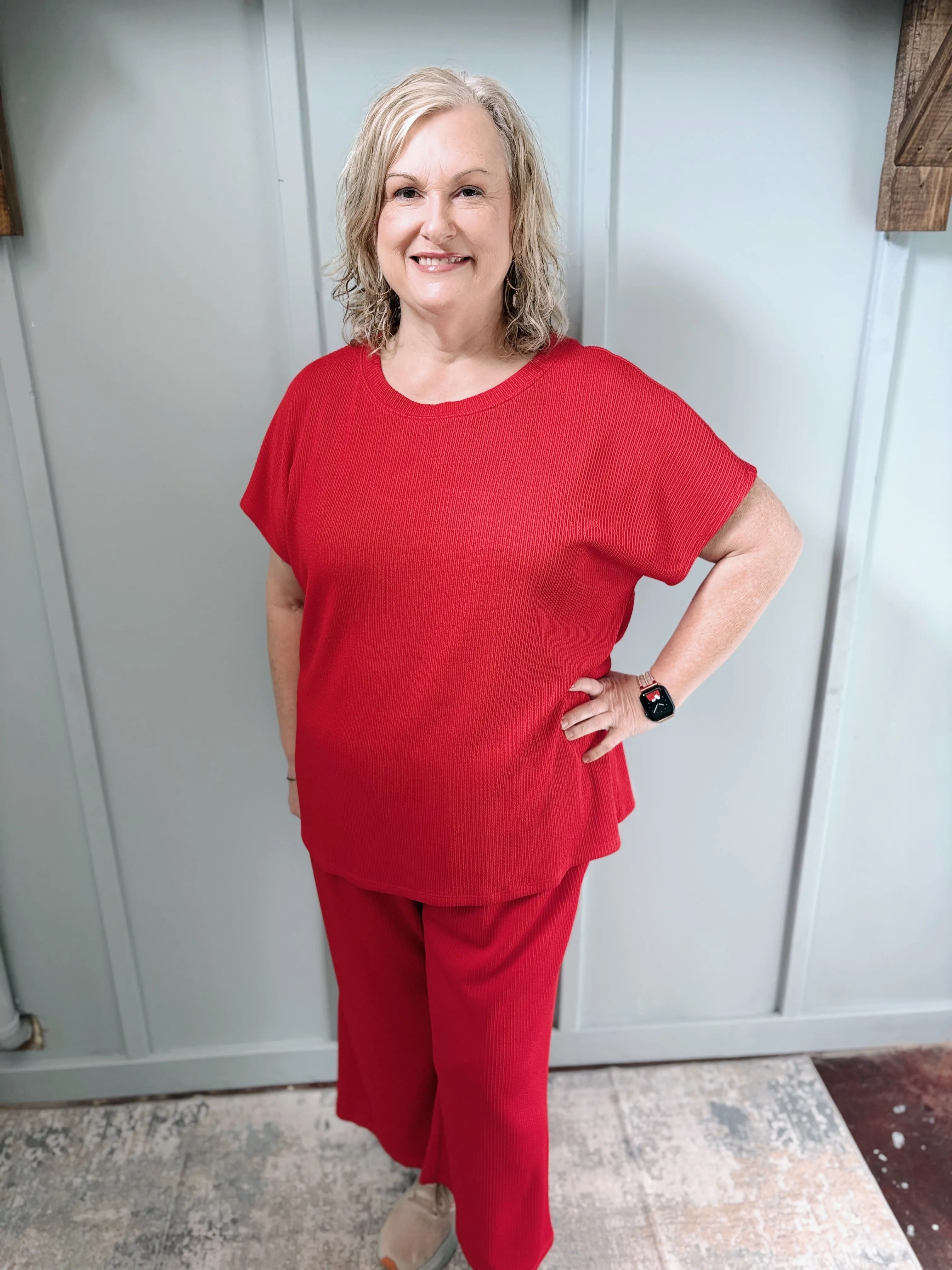 Plus Red Solid Top & Wide Leg Pants