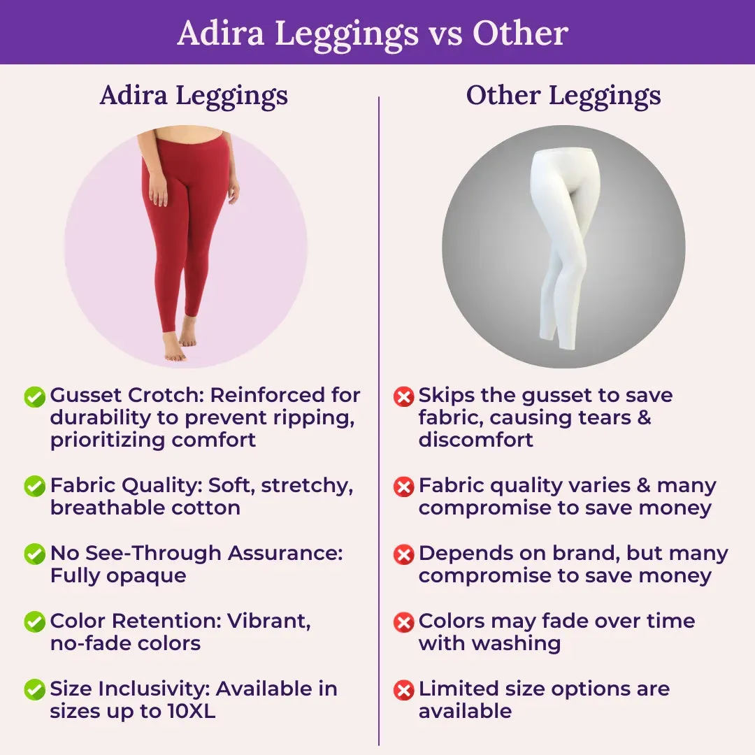 Plus Size Leggings For Women | High Waist | Ankle Length | Soft Cotton & Elastane Blend | Non-See-Through | Gusset Crotch Prevents Ripping