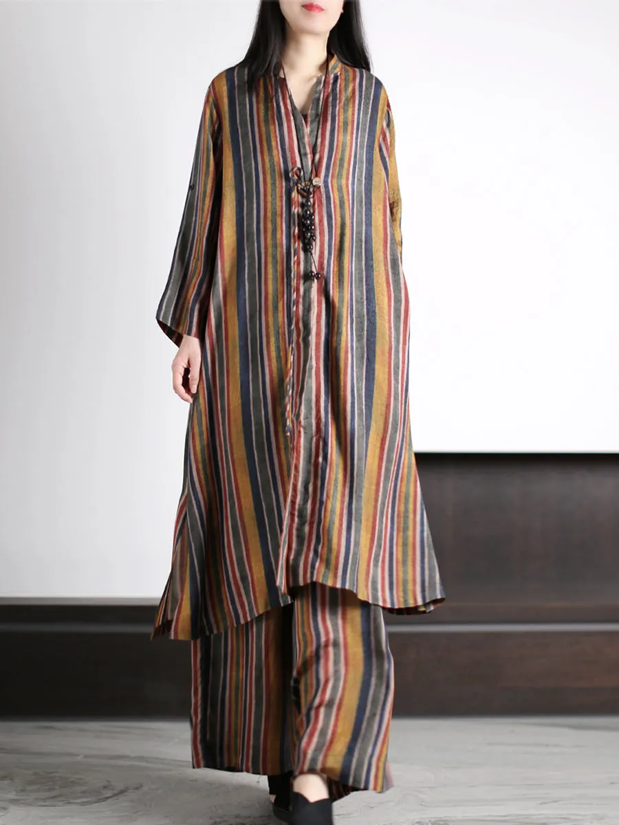 Plus Size Women Vintage Stripe Loose Long Shirt Pants