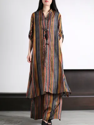 Plus Size Women Vintage Stripe Loose Long Shirt Pants