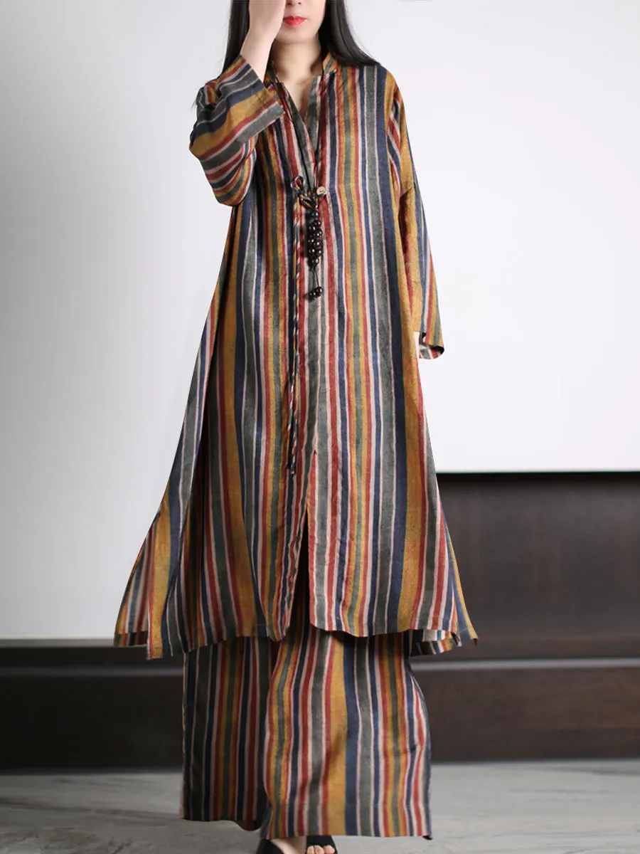 Plus Size Women Vintage Stripe Loose Long Shirt Pants