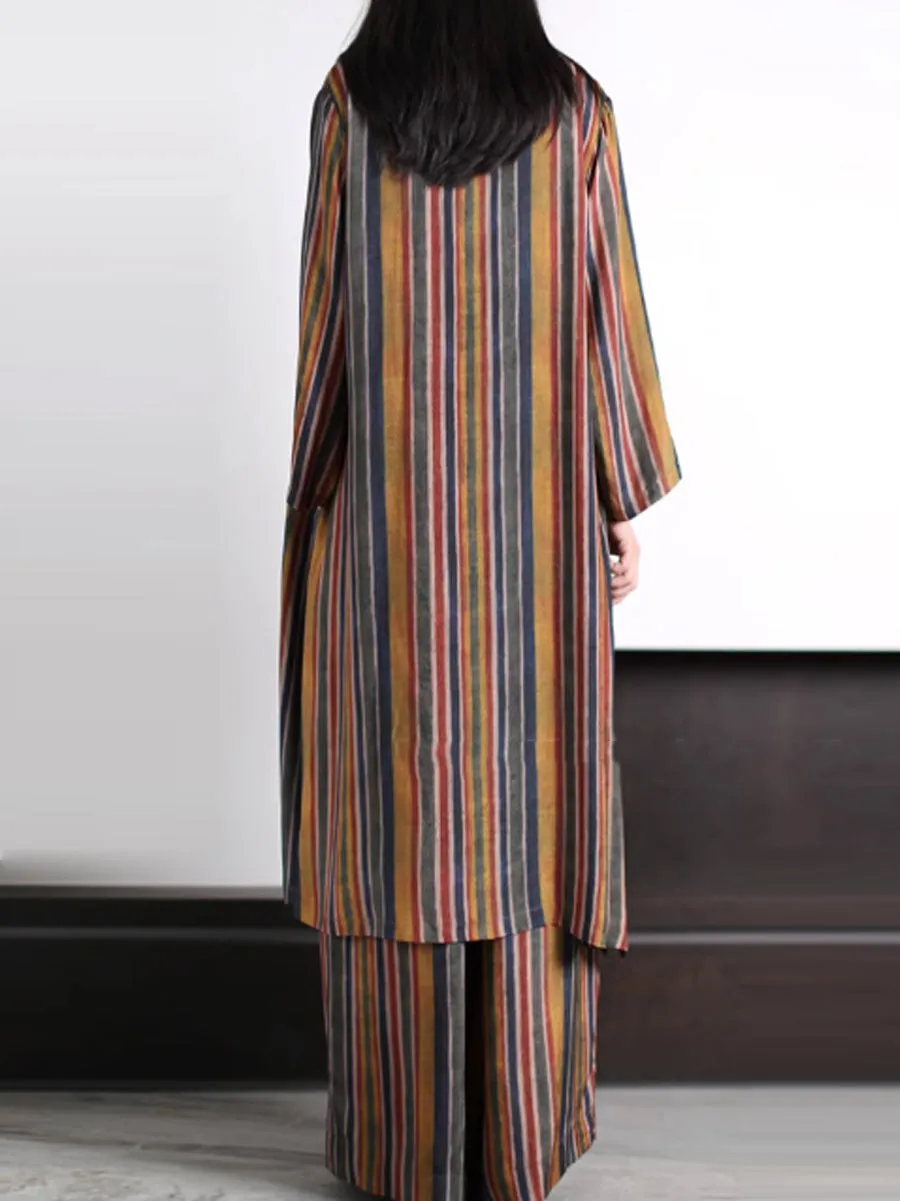 Plus Size Women Vintage Stripe Loose Long Shirt Pants