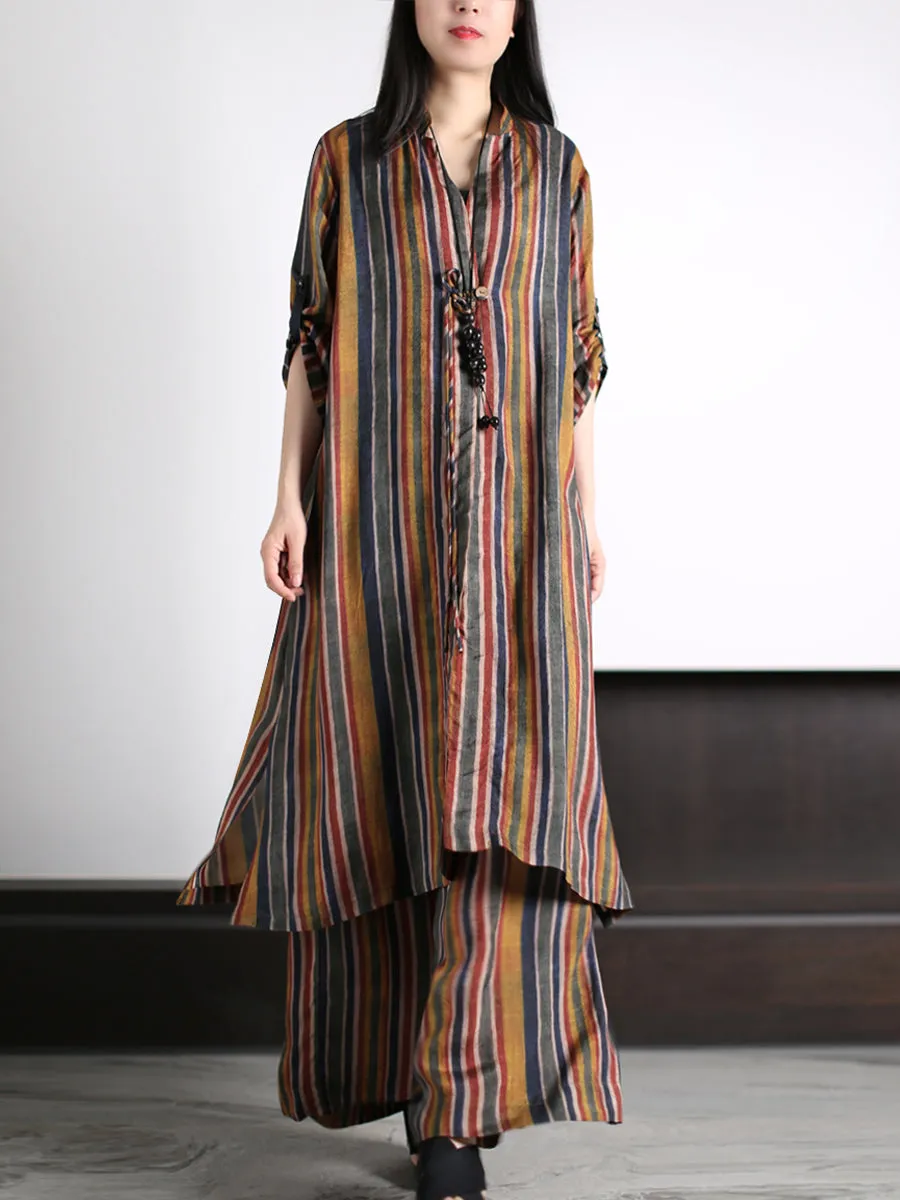 Plus Size Women Vintage Stripe Loose Long Shirt Pants