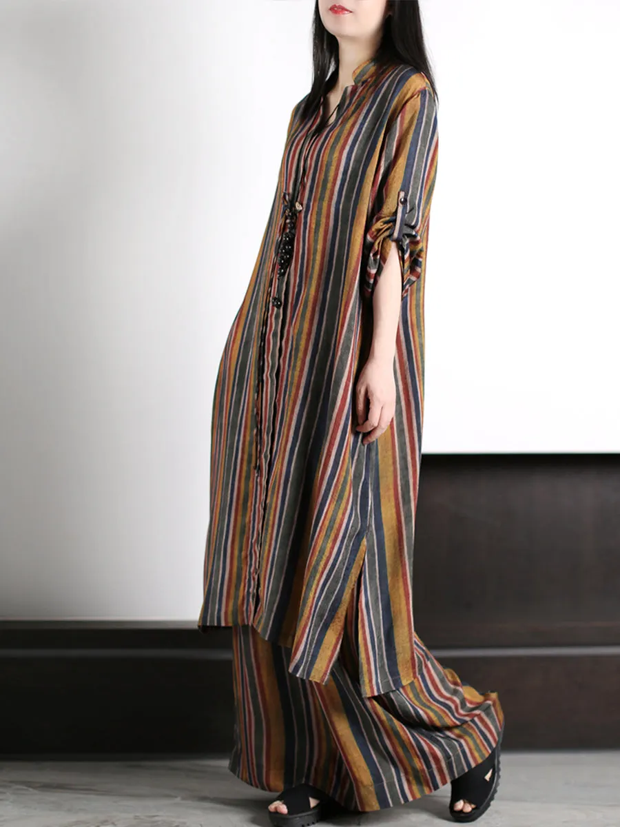 Plus Size Women Vintage Stripe Loose Long Shirt Pants