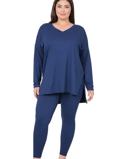 [Plus] V-neck Microfiber Legging Set- Navy