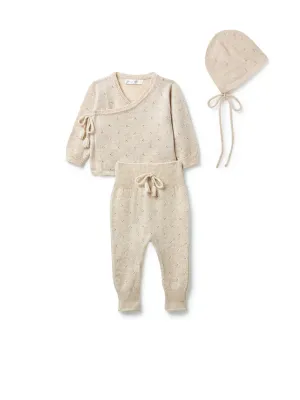 Pointelle Wrap Top, Leggings & Bonnet Set - Oatmeal Marl