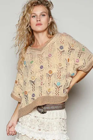 Polly V-neck Sleeveless Flower Outseam Thin Sweater Top-Beige/Latte