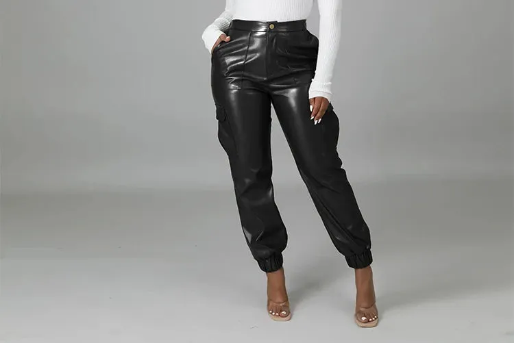 PU Elegant Office Casual Loose Harem Leather Pants