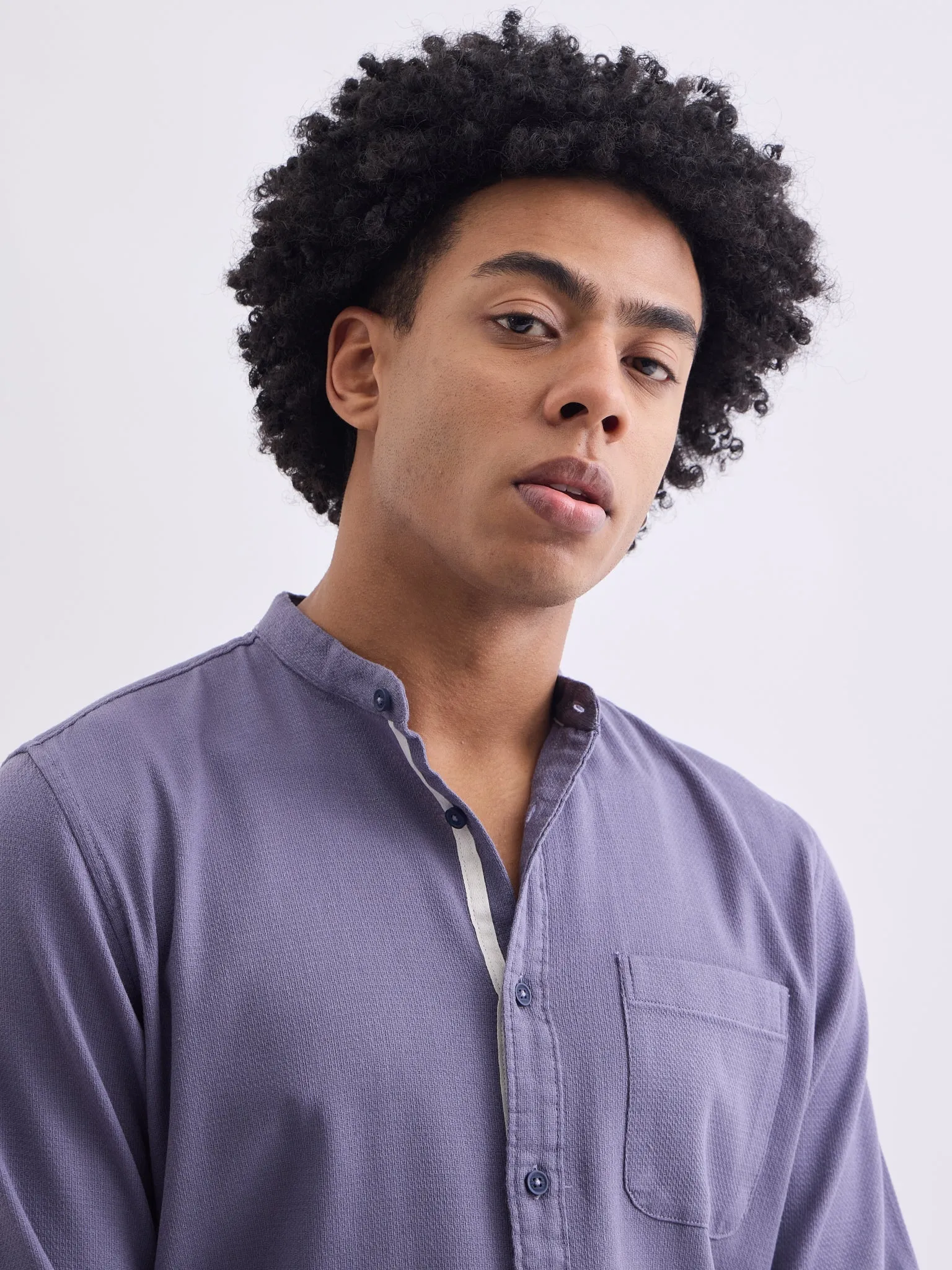 Purple Chinese Collar Slim Fit Shirt