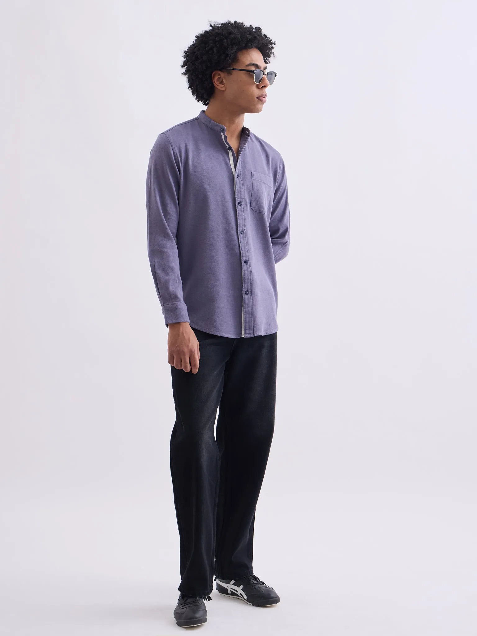 Purple Chinese Collar Slim Fit Shirt