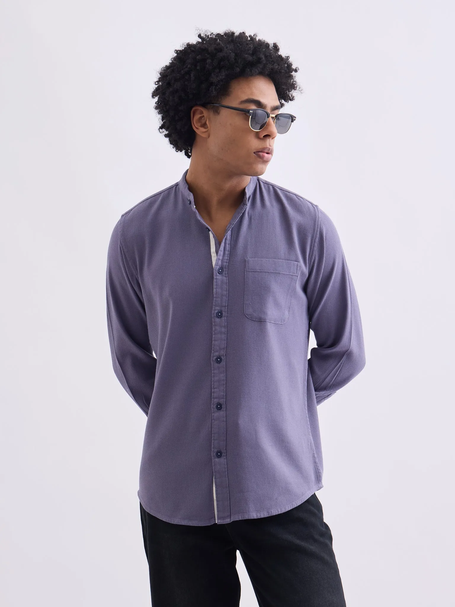 Purple Chinese Collar Slim Fit Shirt