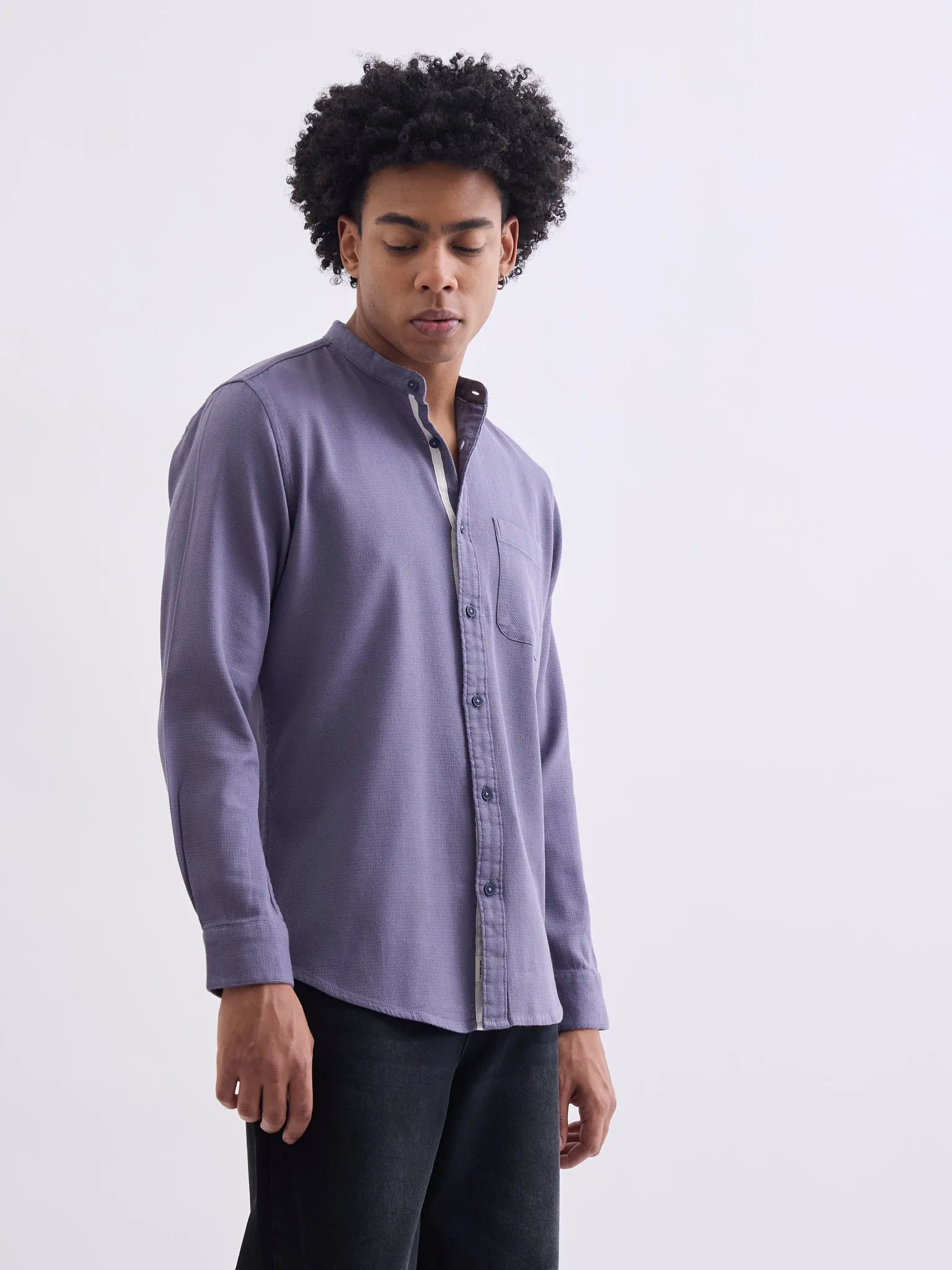 Purple Chinese Collar Slim Fit Shirt