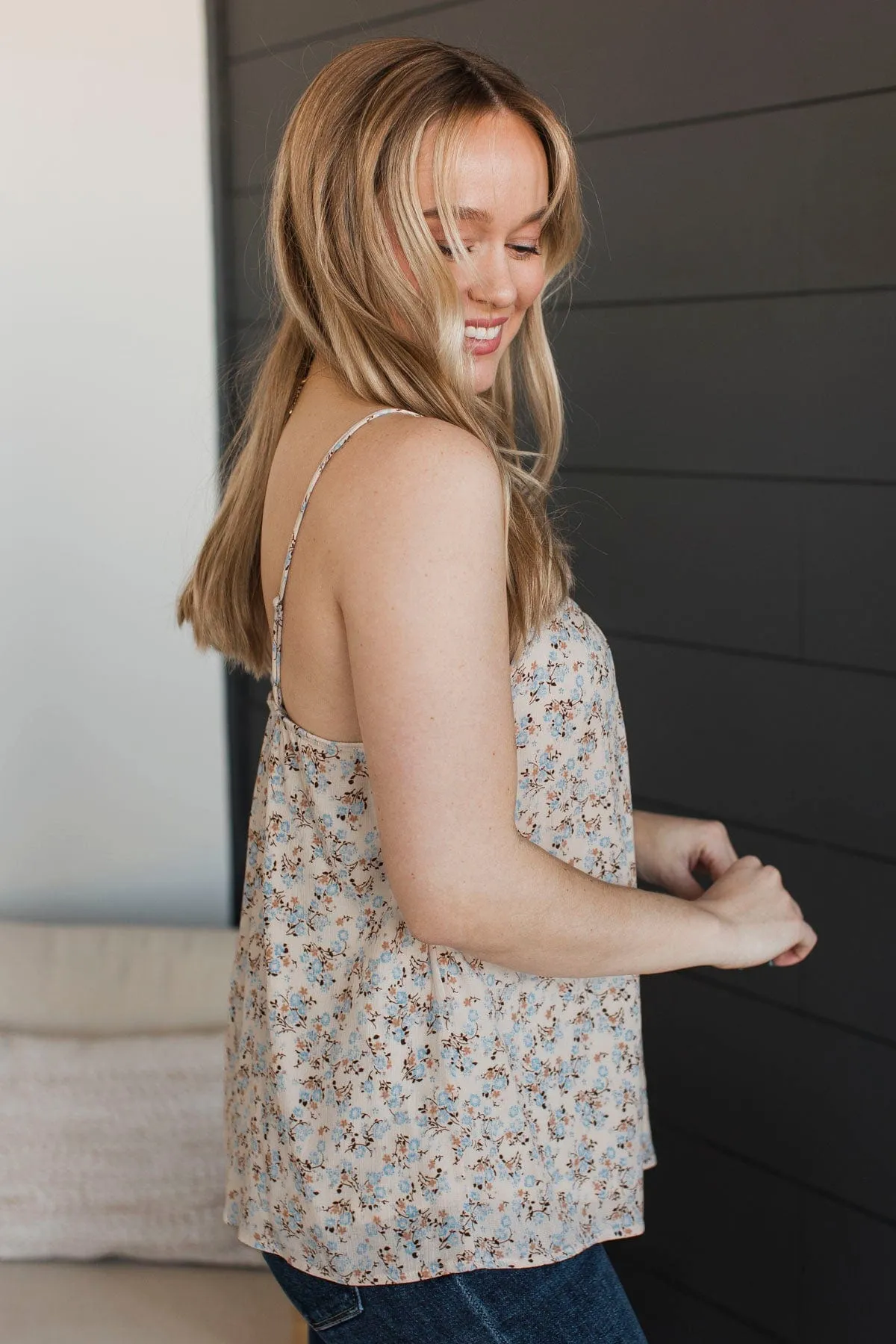 Ready For The Future Floral Tank Top- Cream & Blue
