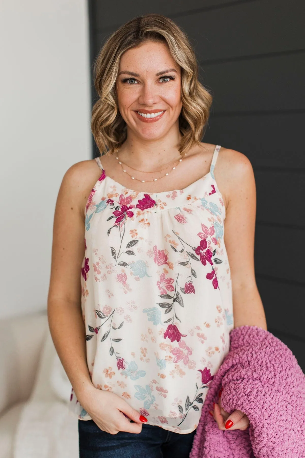 Refreshing Feeling Floral Tank Top- Ivory & Plum