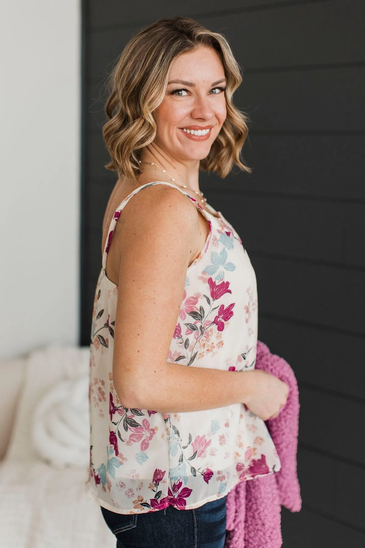 Refreshing Feeling Floral Tank Top- Ivory & Plum
