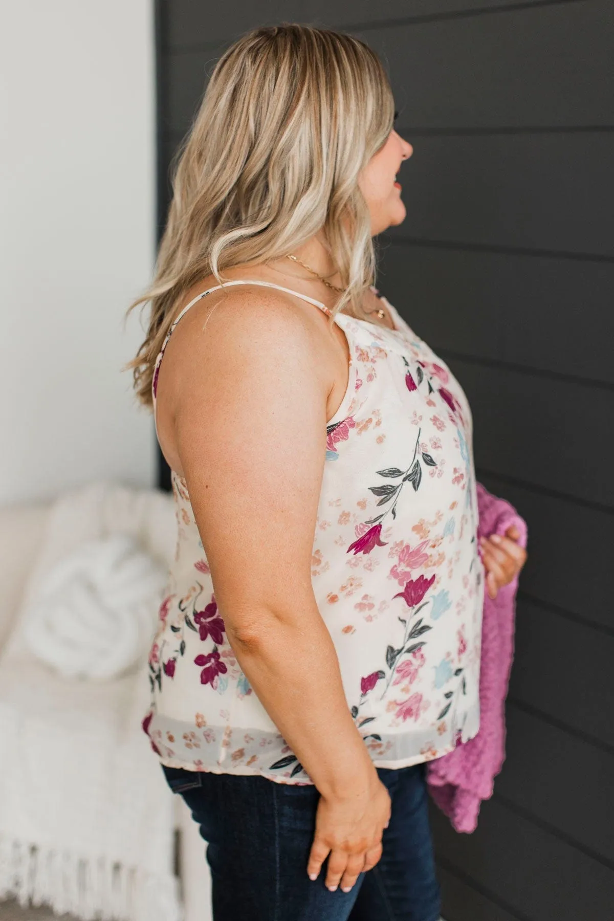 Refreshing Feeling Floral Tank Top- Ivory & Plum