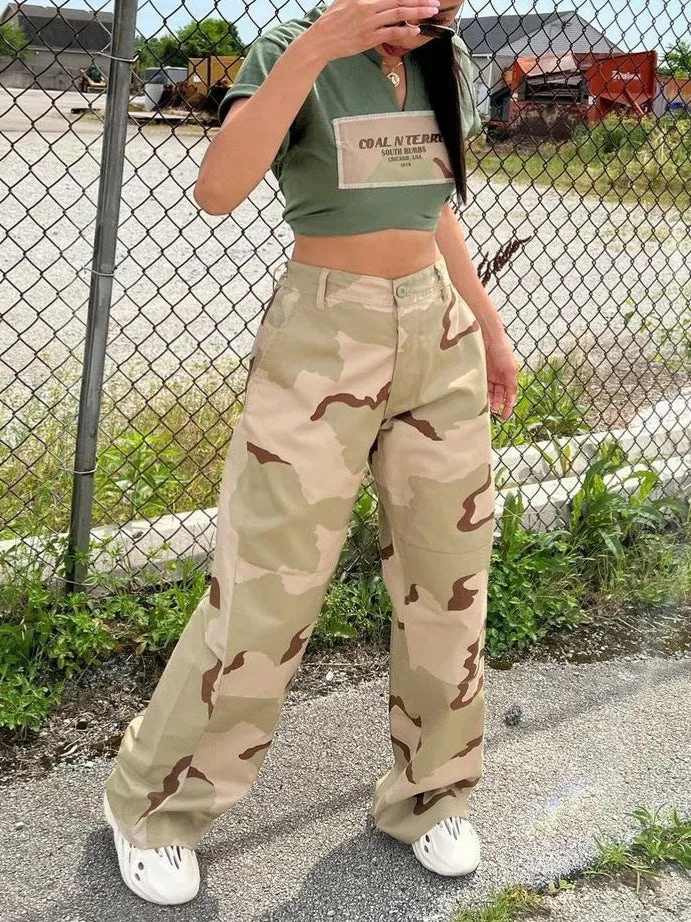 Retro Camouflage Wide-Leg High-Waist Cargo Pants