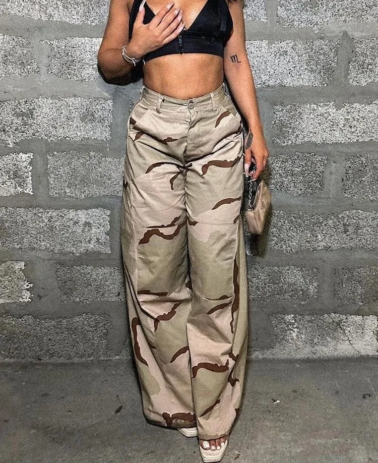 Retro Camouflage Wide-Leg High-Waist Cargo Pants