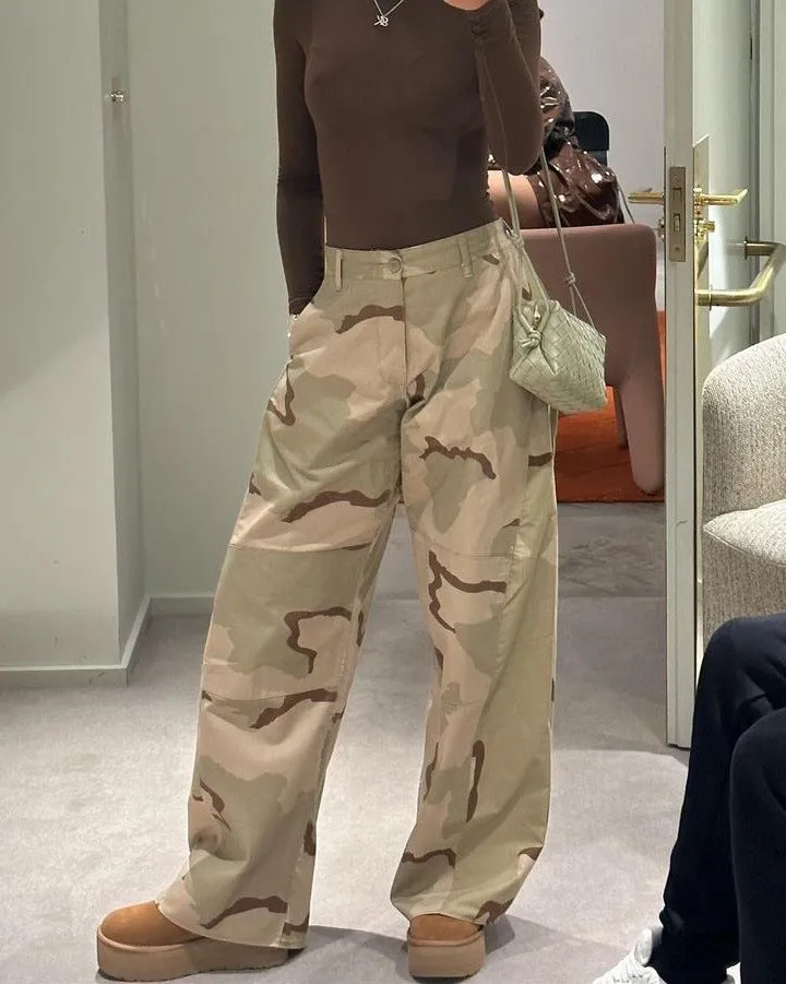 Retro Camouflage Wide-Leg High-Waist Cargo Pants