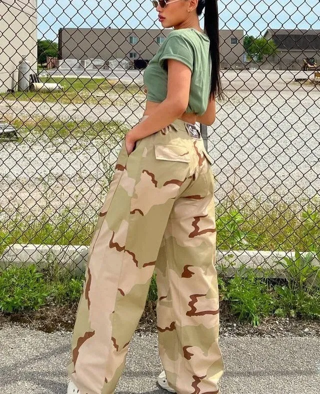 Retro Camouflage Wide-Leg High-Waist Cargo Pants