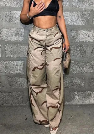 Retro Camouflage Wide-Leg High-Waist Cargo Pants